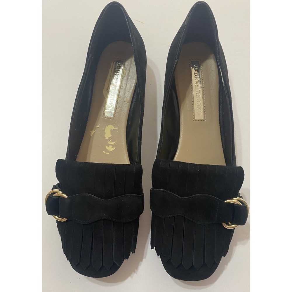 Audrey Brooke Gale Suede Fringe Women's Size 9M Black Flat Leather Loafers